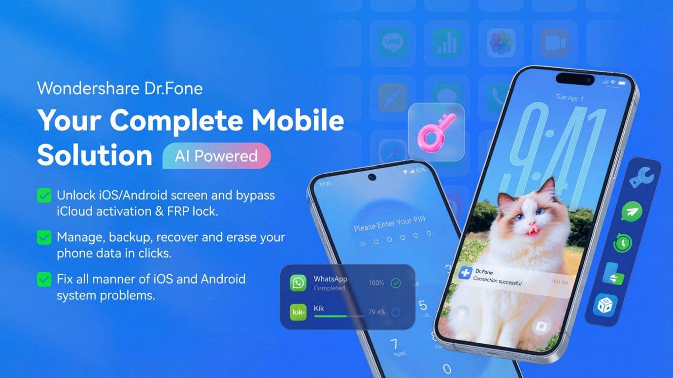 Wondershare Dr.Fone promotional graphic listing mobile unlock, backup, recovery, and system repair features