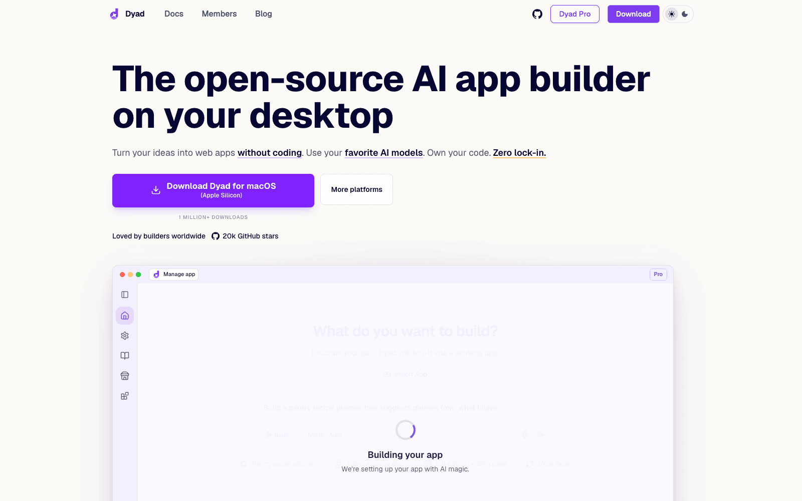 Dyad homepage screenshot showing the product interface and branding