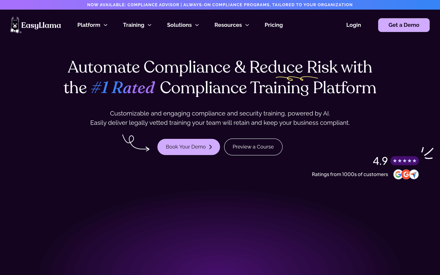 EasyLlama landing page about AI-powered compliance and security training with a 4.9 rating