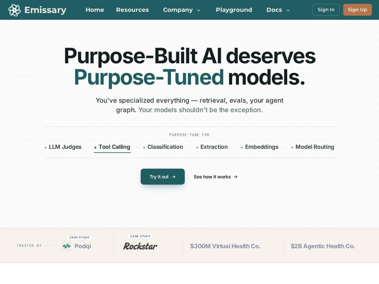 Emissary product interface dashboard screenshot homepage view