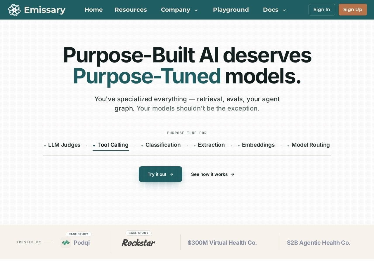 Emissary product interface dashboard screenshot homepage view