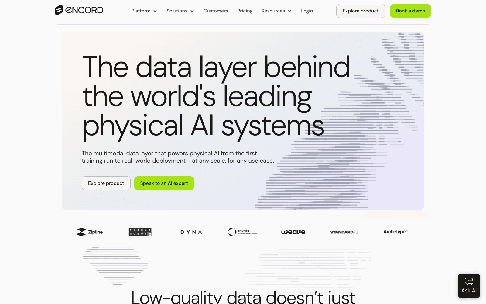 Encord product homepage screenshot showing the interface and branding