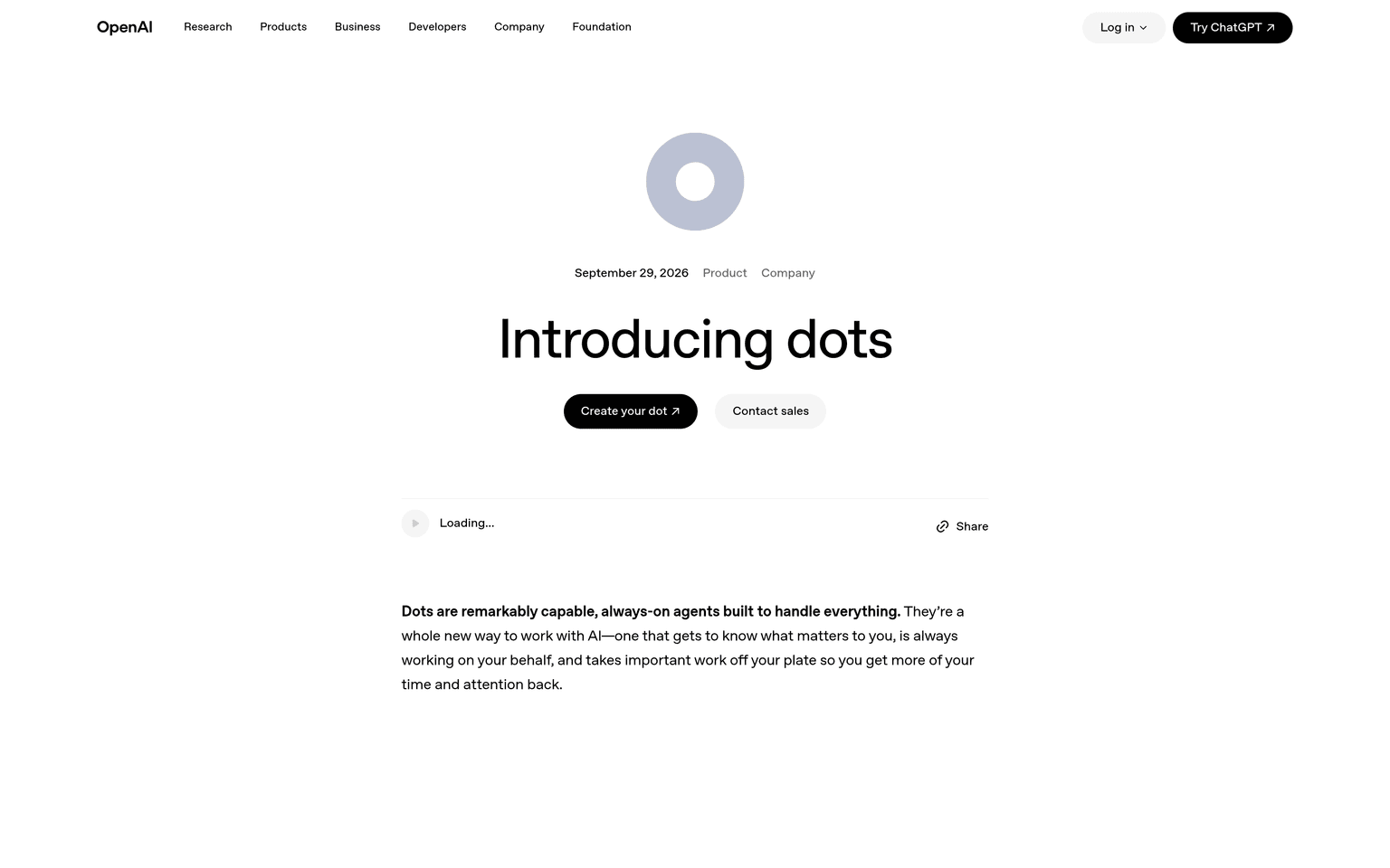 OpenAI Dots announcement page describing always-on agents inside ChatGPT
