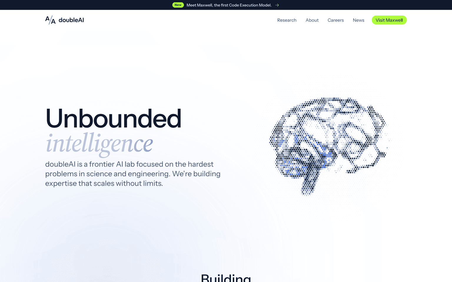 doubleAI homepage describing its frontier lab work and the Maxwell model