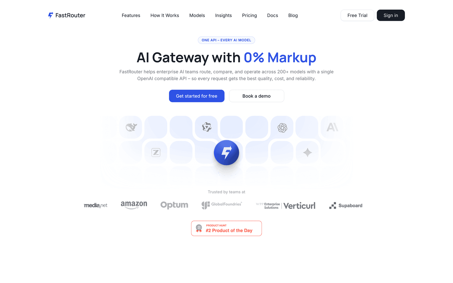 FastRouter homepage showing its unified AI gateway routing across many models