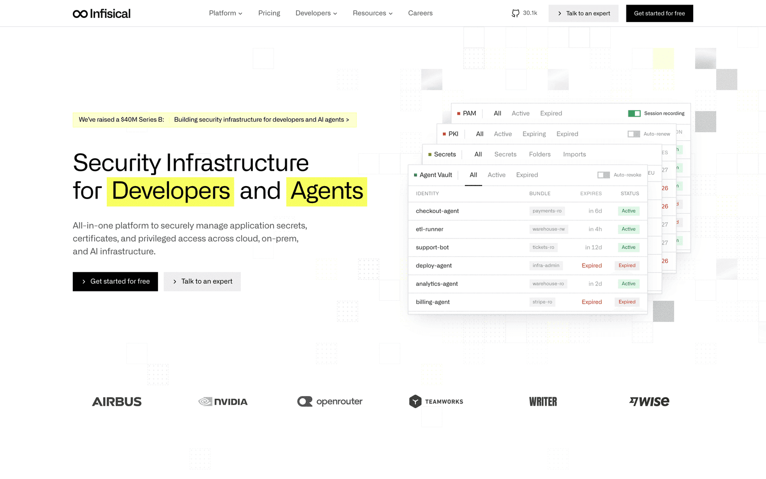 Infisical homepage showing open source secrets certificates and access management