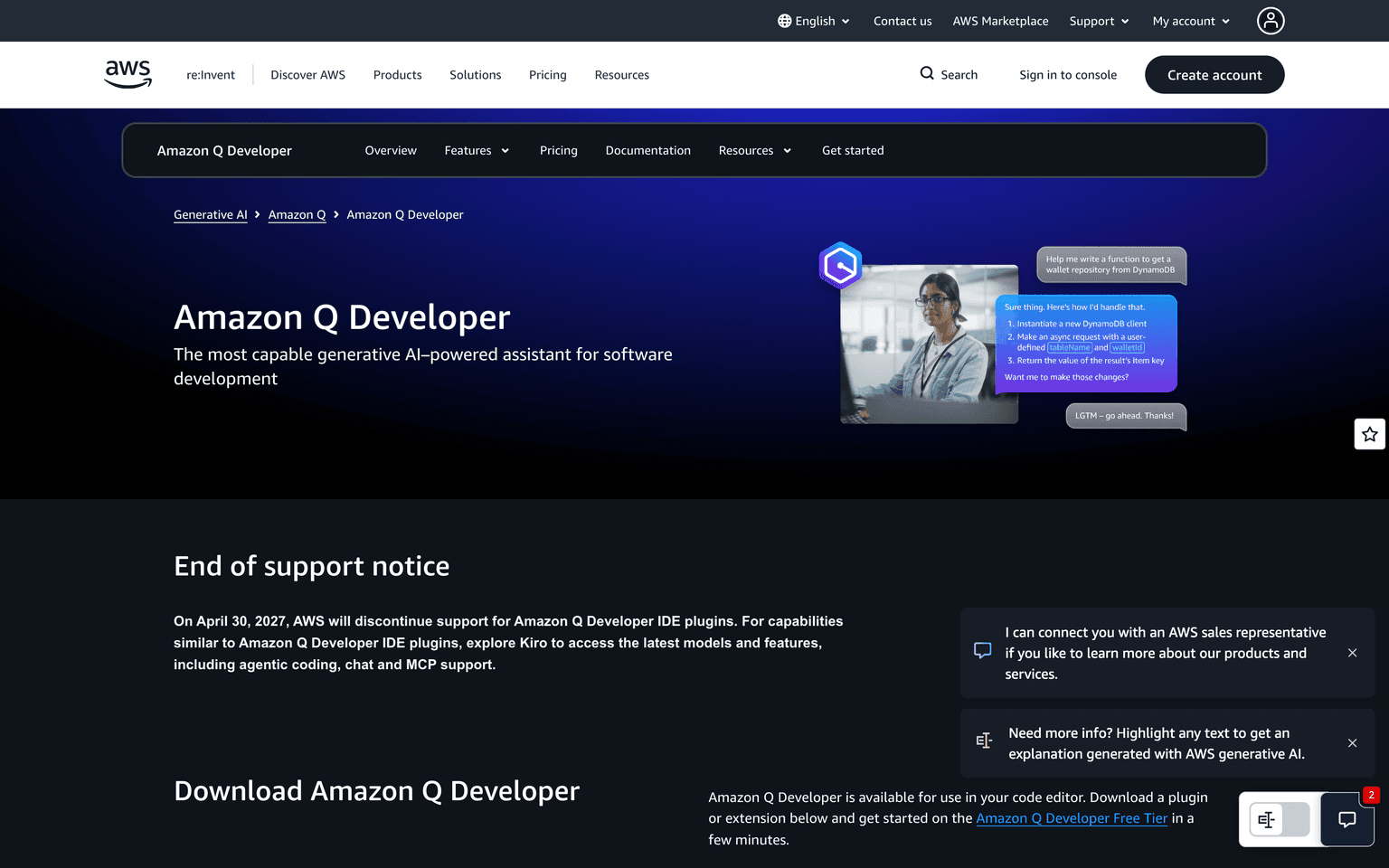 Amazon Q Developer page showing the AWS coding assistant and agentic features