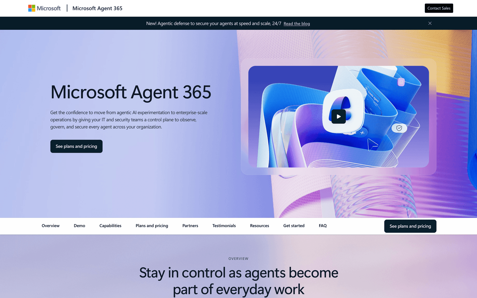 Microsoft Agent 365 page showing the control plane for observing and securing agents