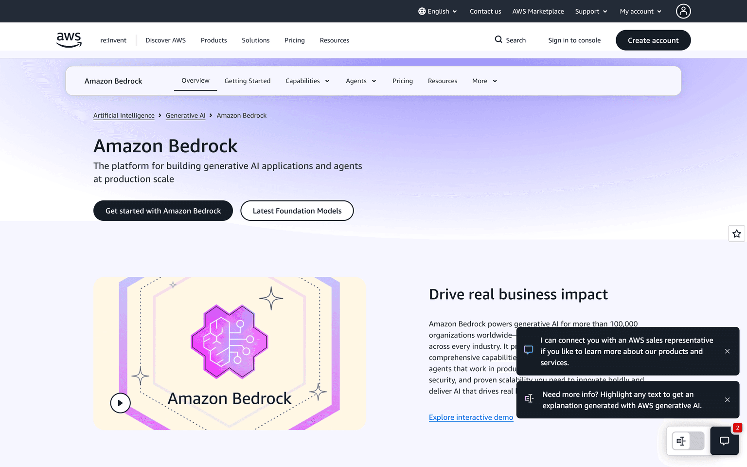 Amazon Bedrock product page showing the AWS platform for generative AI applications