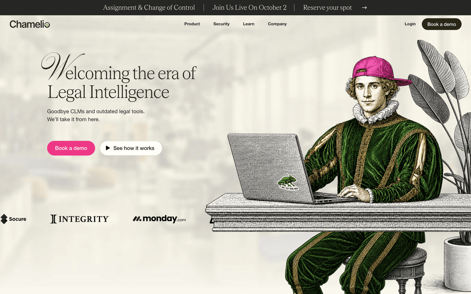 Chamelio homepage showing its legal intelligence platform for in-house teams