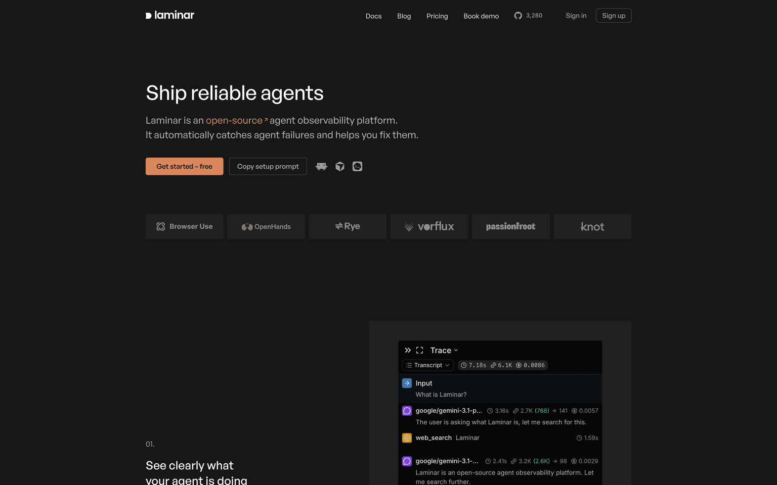 Laminar homepage showing agent tracing failure clustering and evaluation tooling