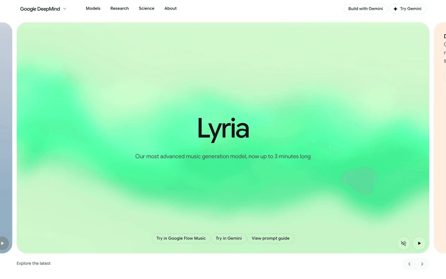 Google Lyria model page showing DeepMind music generation up to three minutes