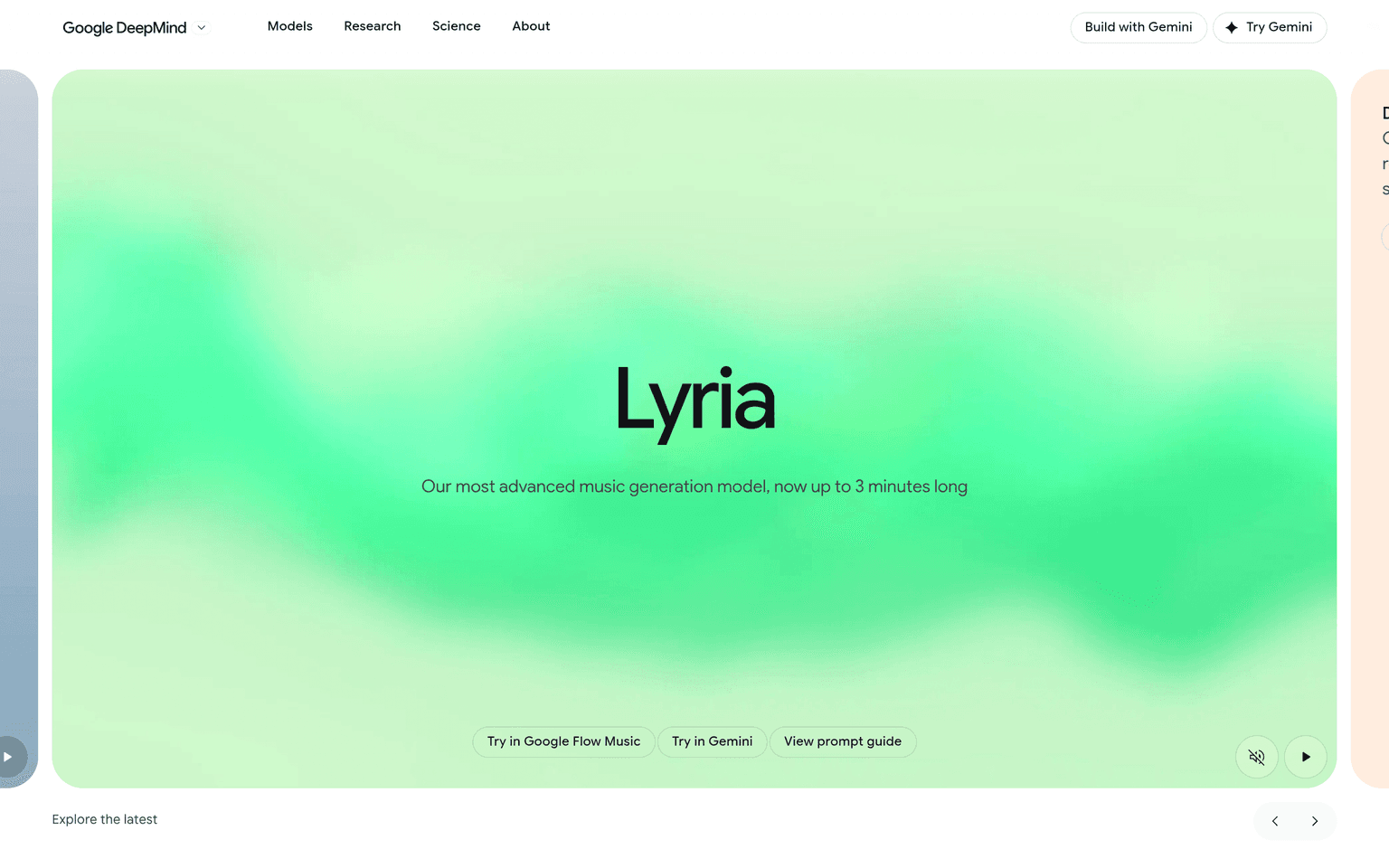 Google Lyria model page showing DeepMind music generation up to three minutes