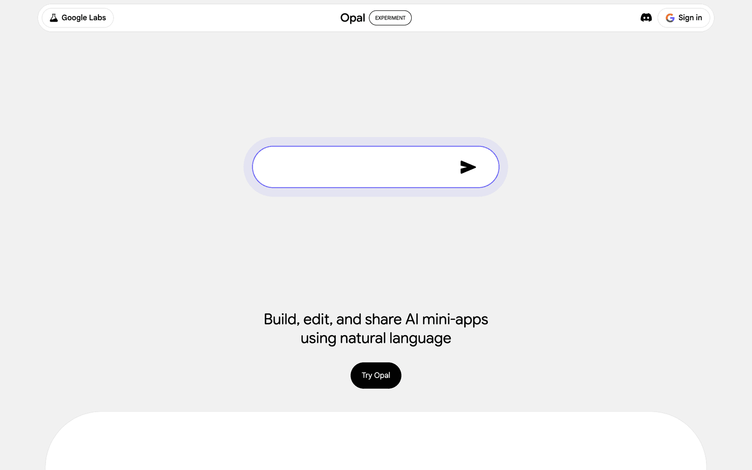 Google Opal homepage showing the no-code builder for chained AI mini apps