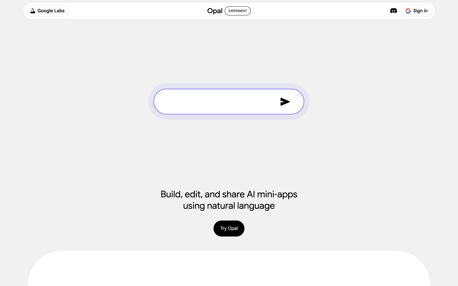 Google Opal homepage showing the no-code builder for chained AI mini apps