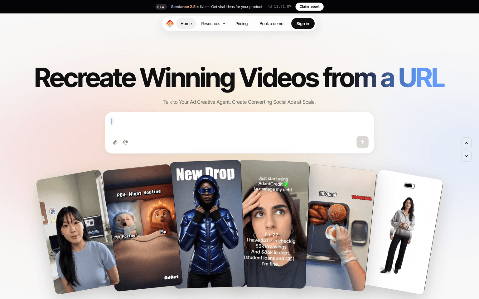 AdAnt AI homepage showing its conversational agent generating social video ads