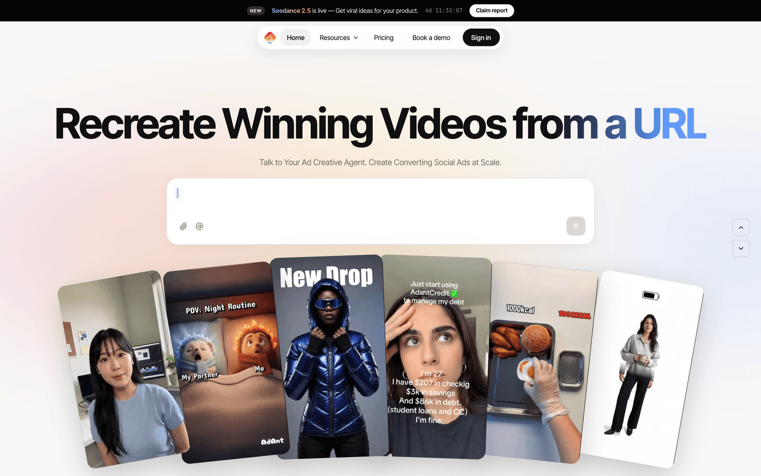 AdAnt AI homepage showing its conversational agent generating social video ads
