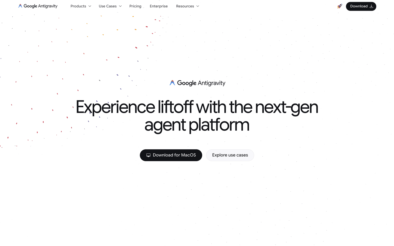 Google Antigravity homepage showing the agent-first development platform and IDE download