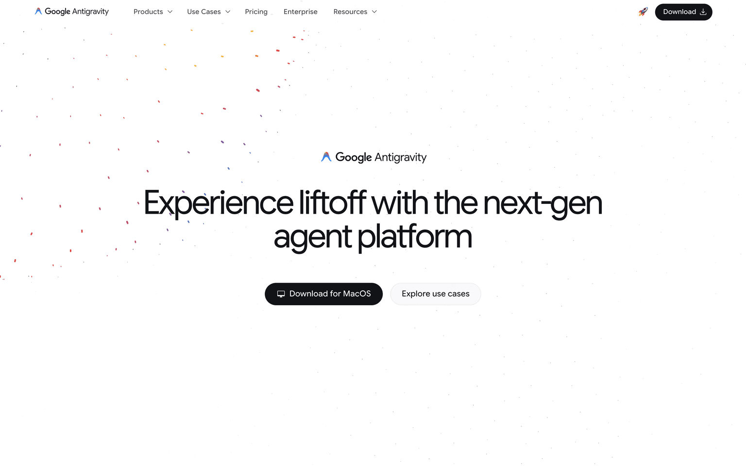Google Antigravity homepage showing the agent-first development platform and IDE download