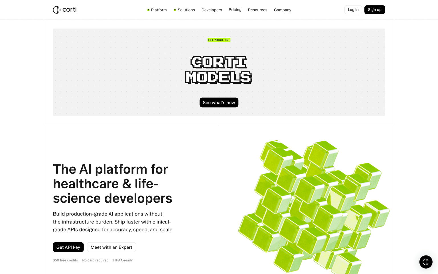 Corti homepage showing clinical grade APIs for healthcare and life science developers