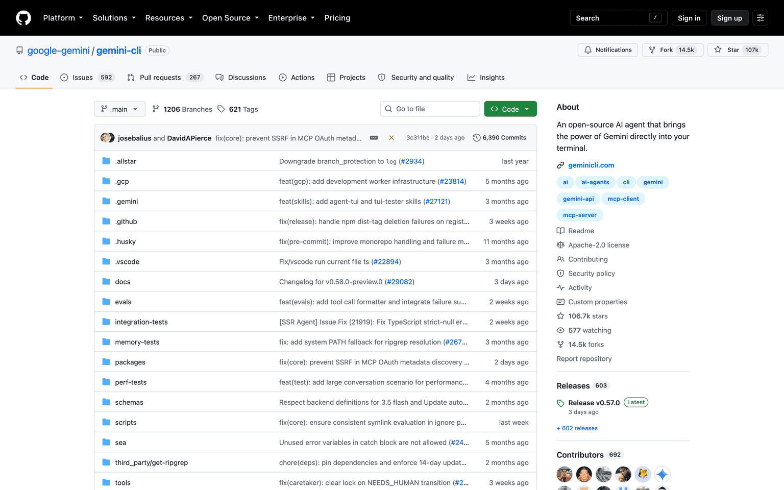 Gemini CLI GitHub repository page showing the open source terminal agent from Google