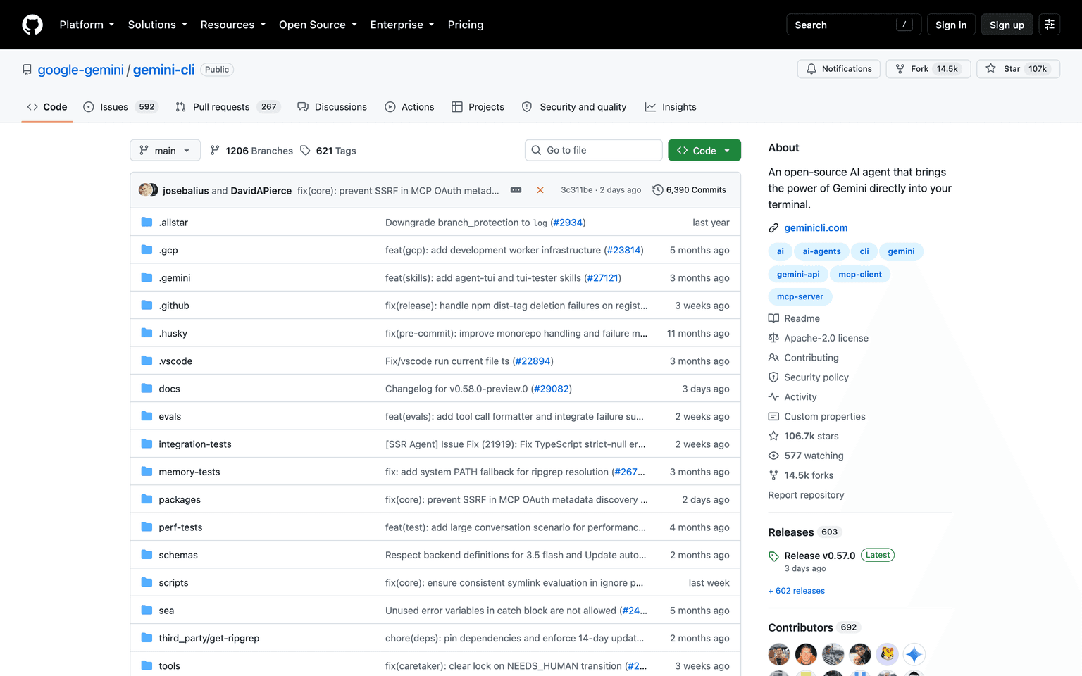 Gemini CLI GitHub repository page showing the open source terminal agent from Google