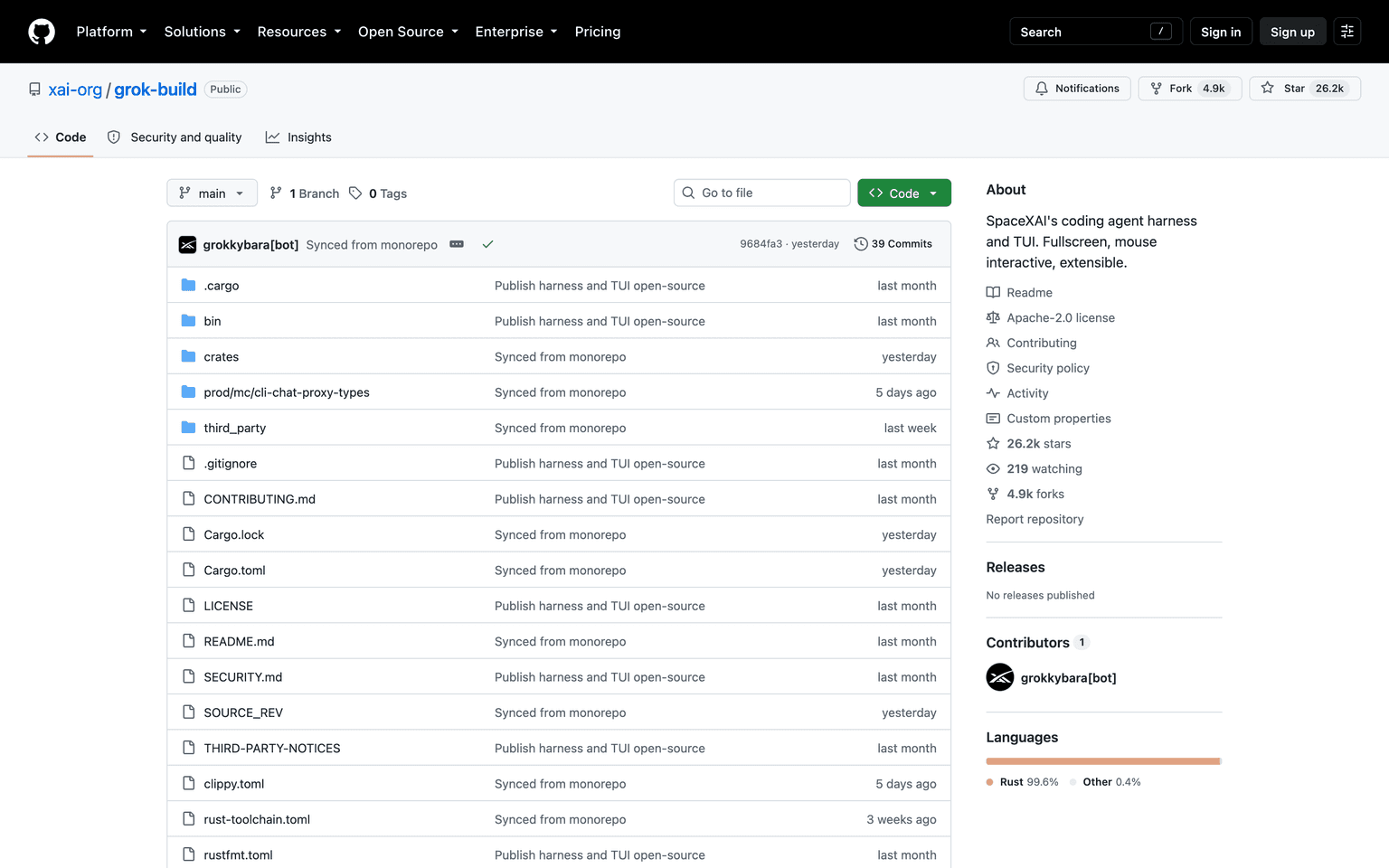 Grok Build GitHub repository showing the open source xAI terminal coding agent