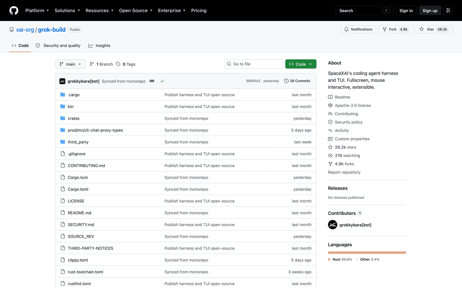 Grok Build GitHub repository showing the open source xAI terminal coding agent