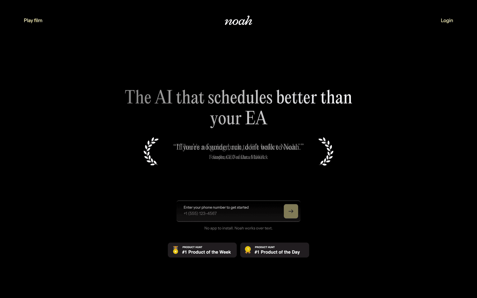 Hey Noah homepage showing the AI executive assistant that schedules meetings over text