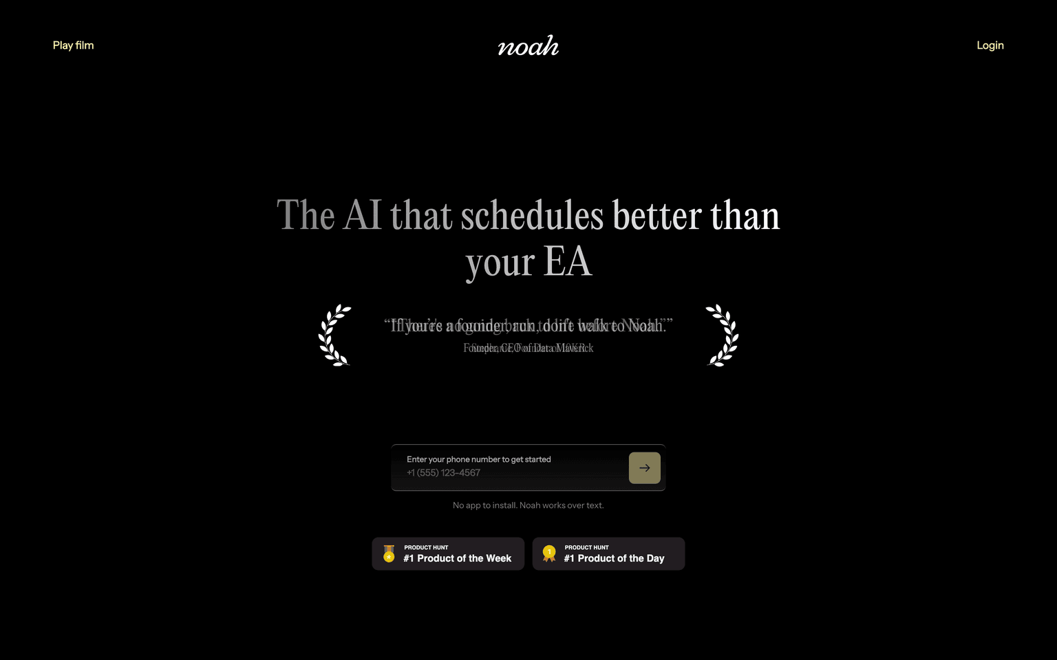 Hey Noah homepage showing the AI executive assistant that schedules meetings over text