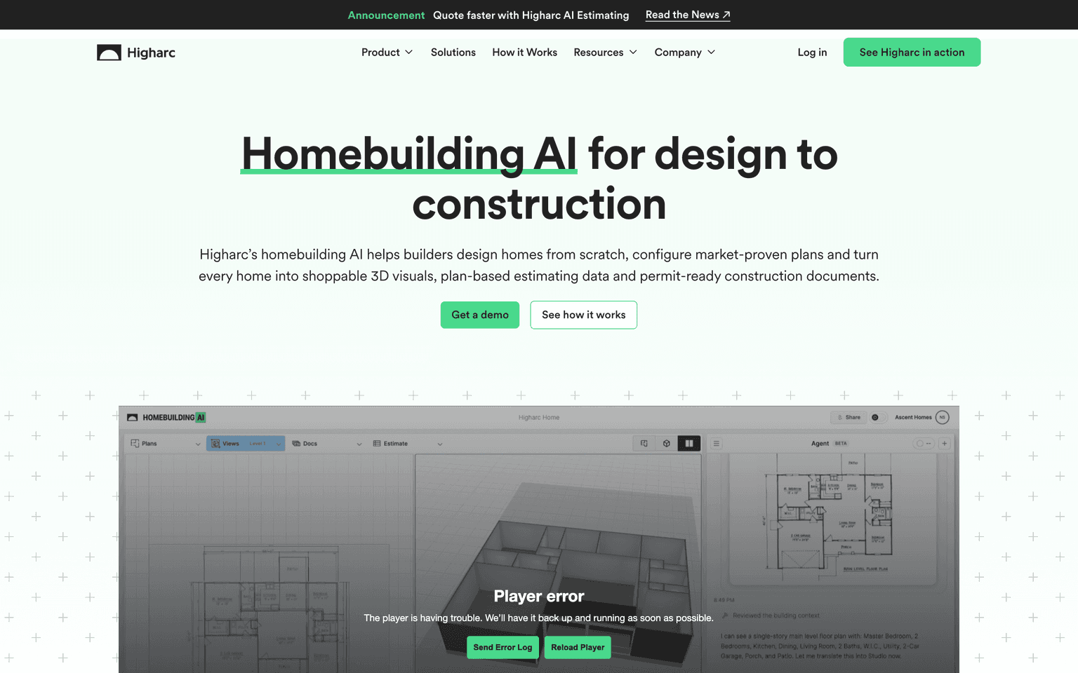 Higharc homepage showing its homebuilding AI platform from design through construction