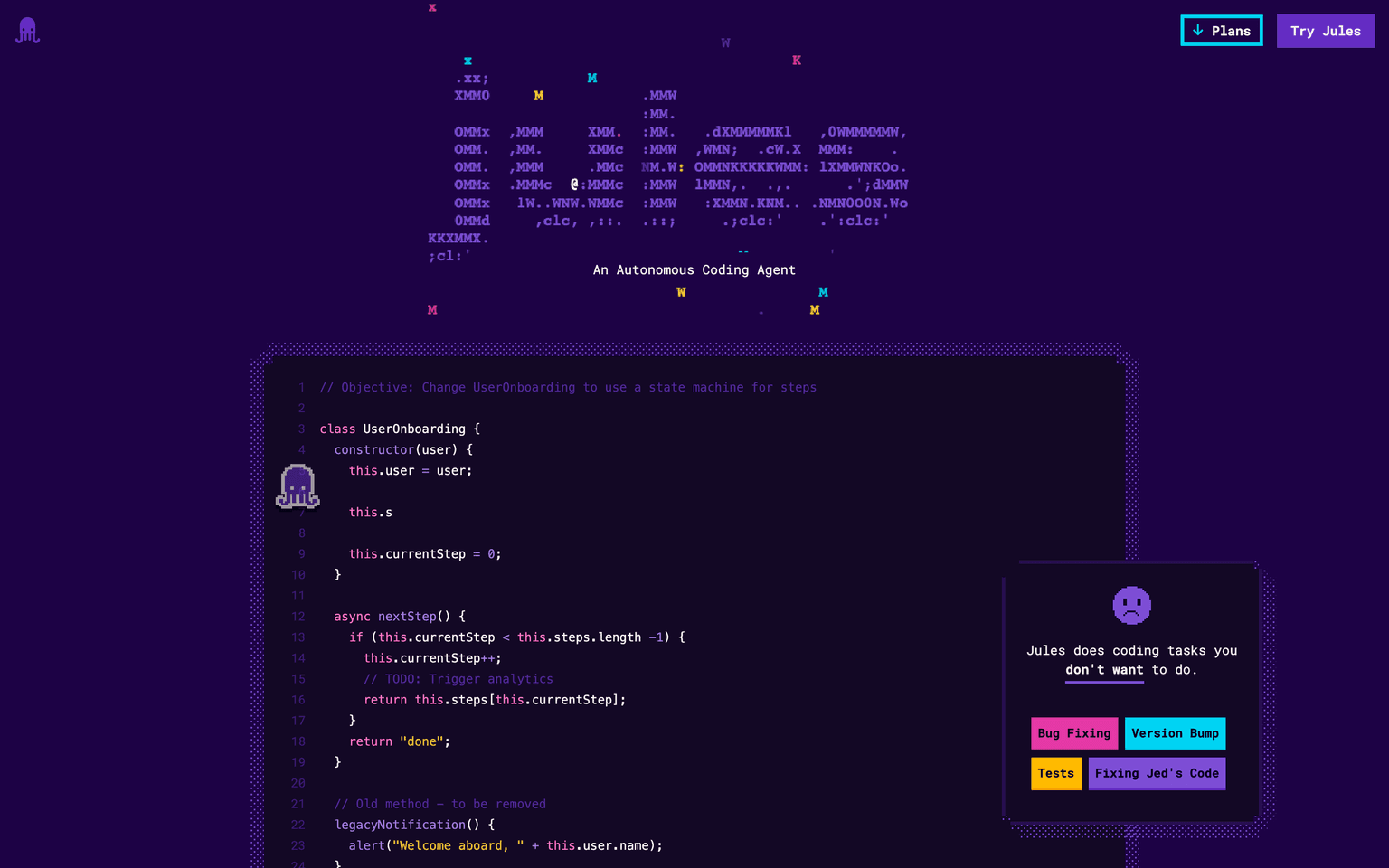 Jules homepage showing the asynchronous Google coding agent and its task queue