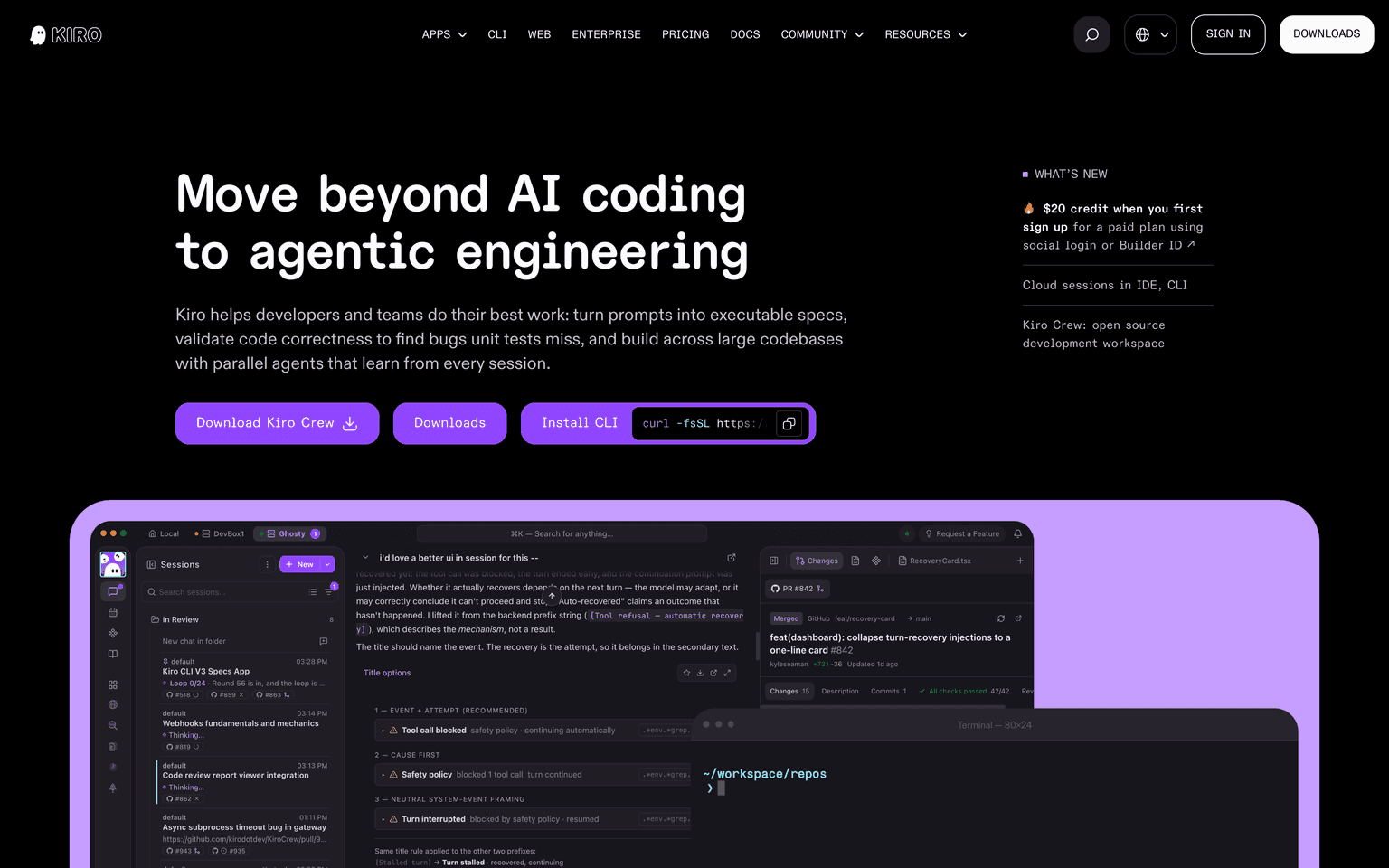 Kiro homepage showing the spec-driven agentic IDE from AWS with its editor view