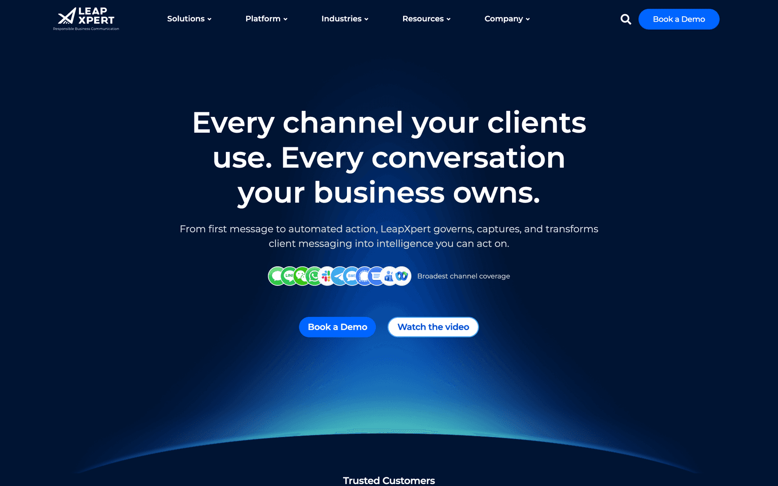 LeapXpert homepage showing governed client messaging across WhatsApp iMessage and Teams