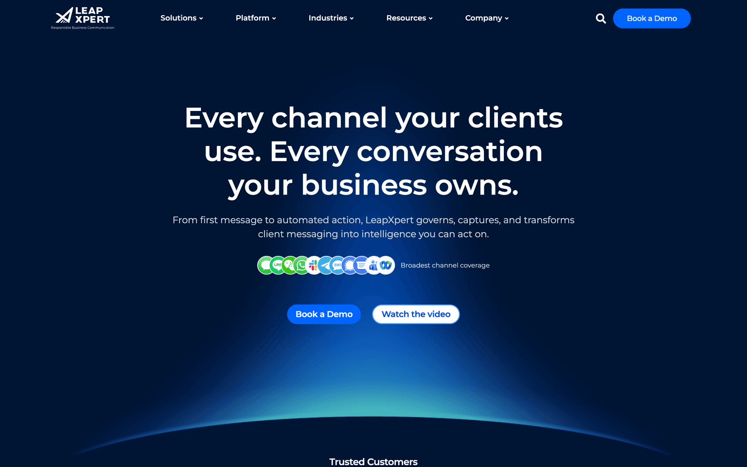 LeapXpert homepage showing governed client messaging across WhatsApp iMessage and Teams