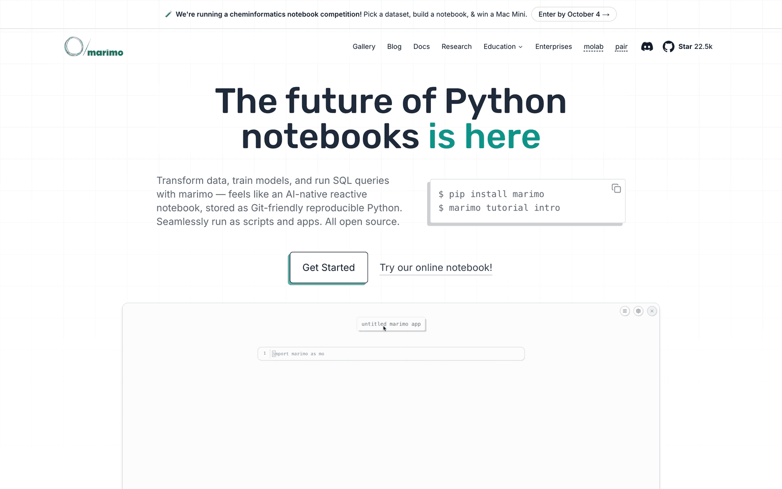 marimo homepage showing the reactive open source Python notebook and its editor