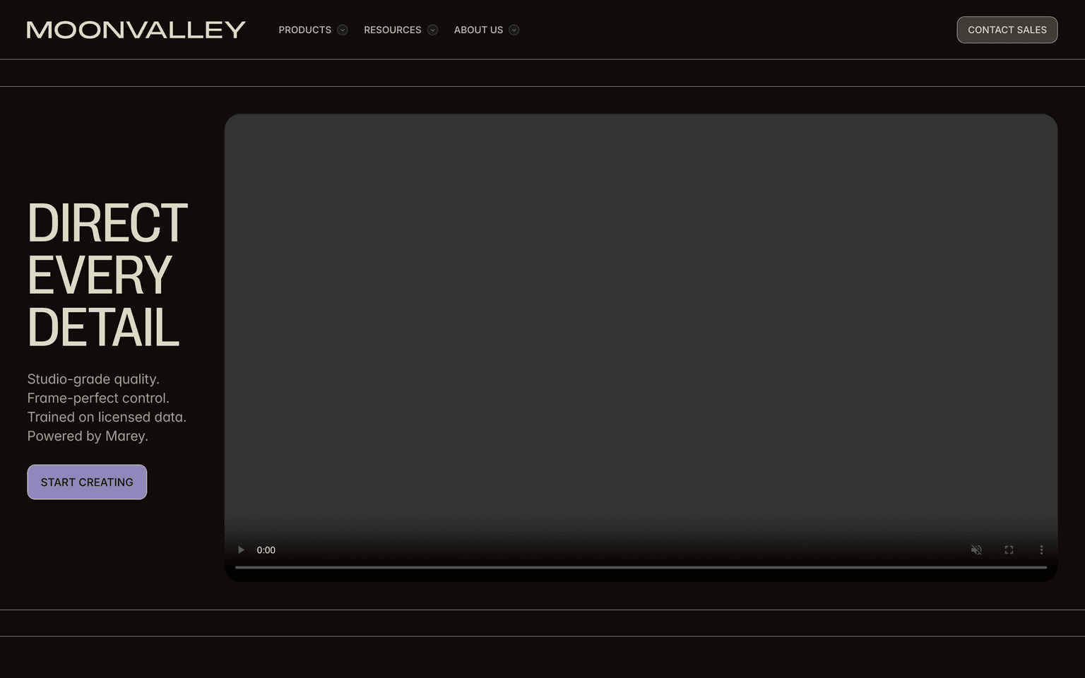 Moonvalley homepage showing the Marey licensed video generation model for filmmakers