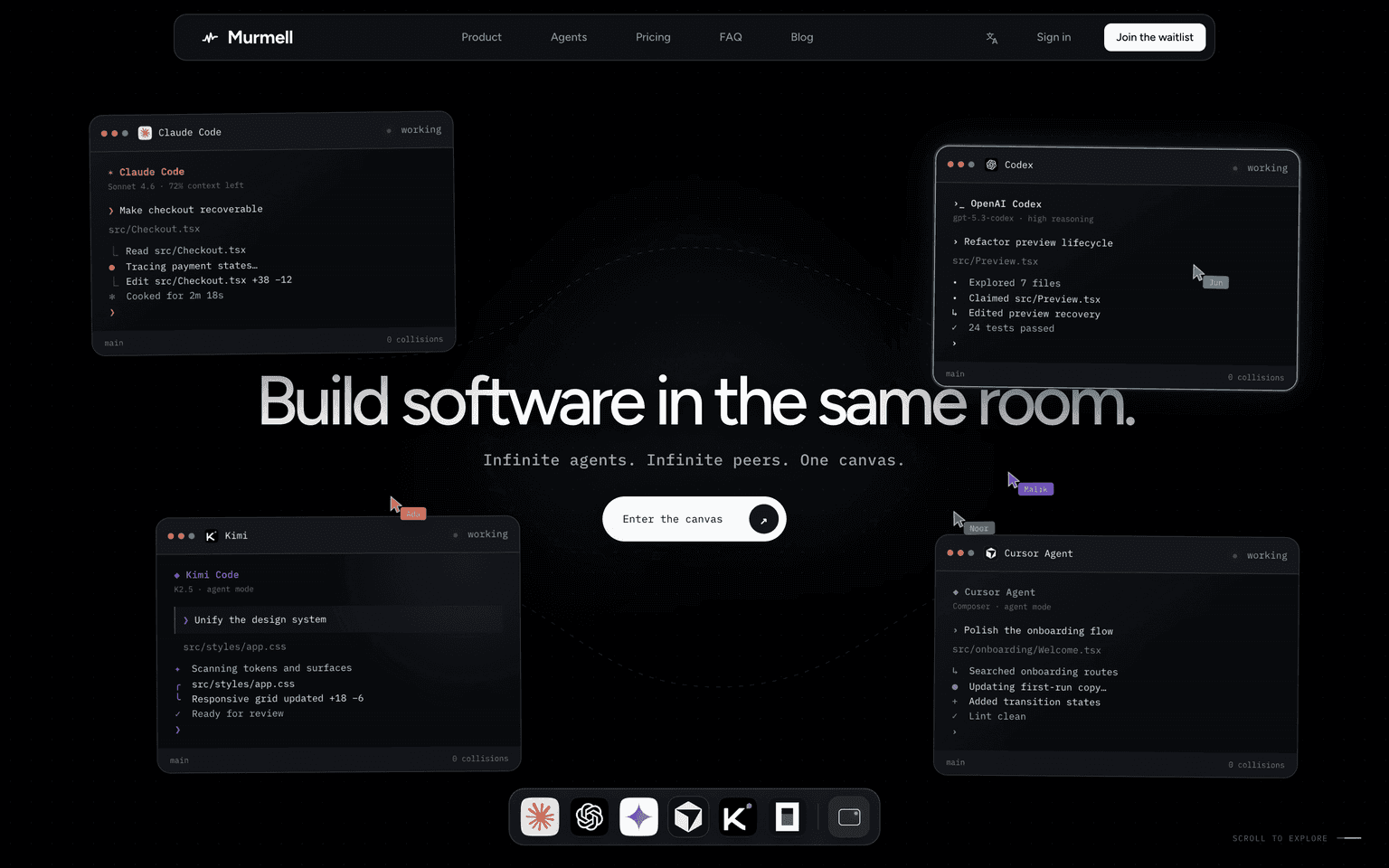 Murmell homepage showing multiple AI coding agents working on a shared cloud canvas