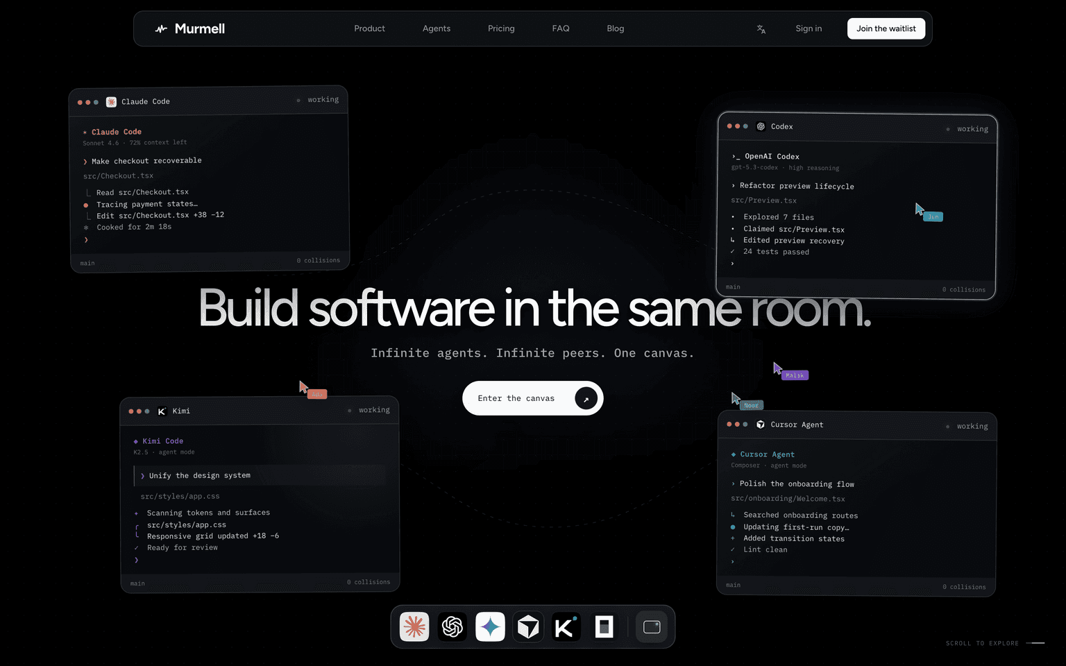 Murmell homepage showing multiple AI coding agents working on a shared cloud canvas