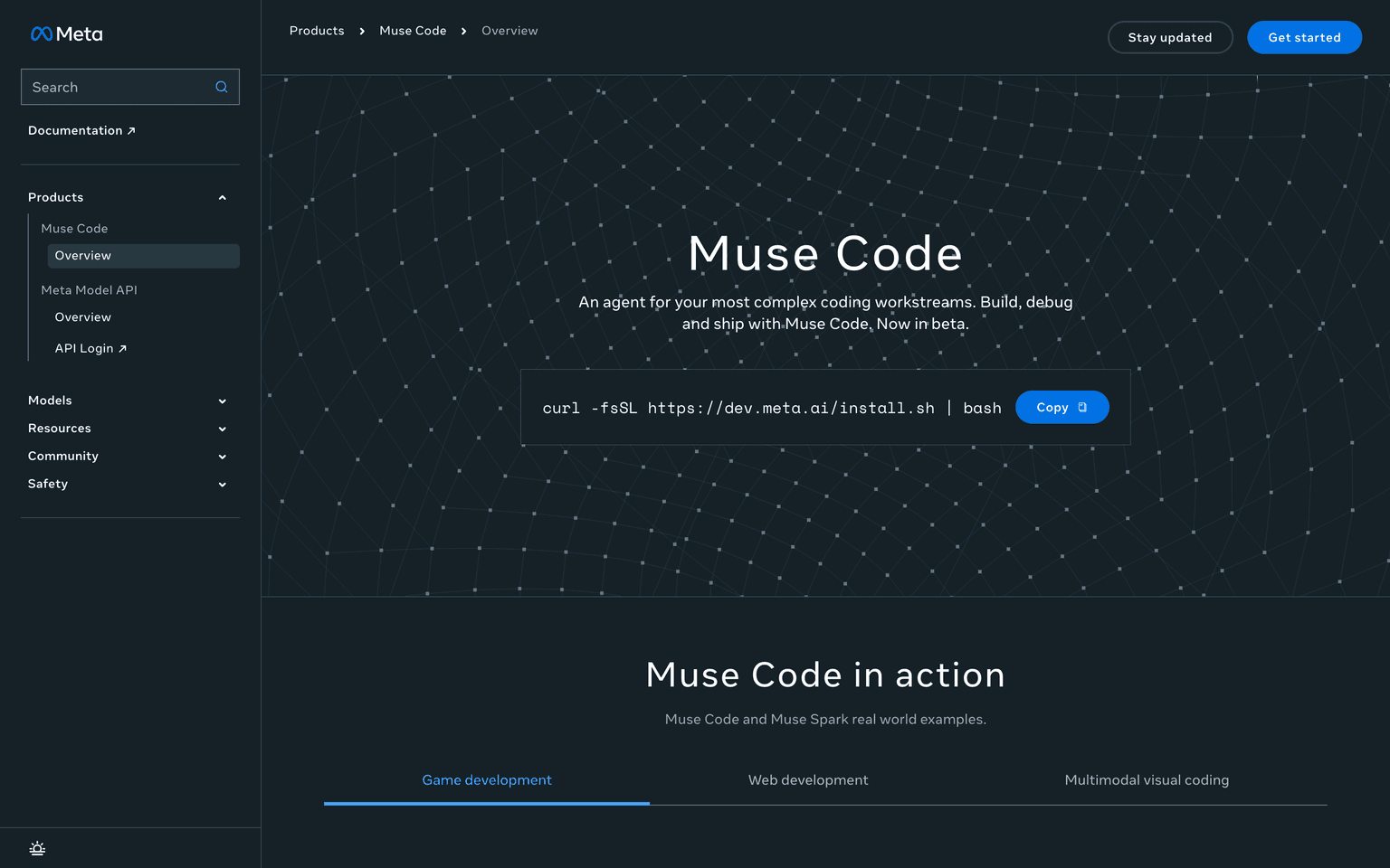 Muse Code product page on the Meta developer portal showing the terminal coding agent
