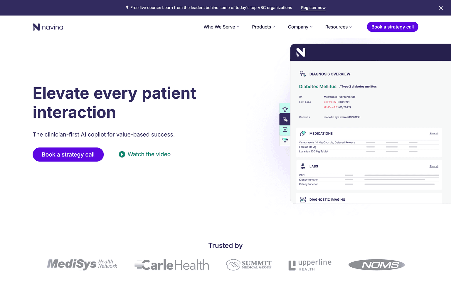 Navina homepage showing its clinician copilot for value-based care and risk adjustment