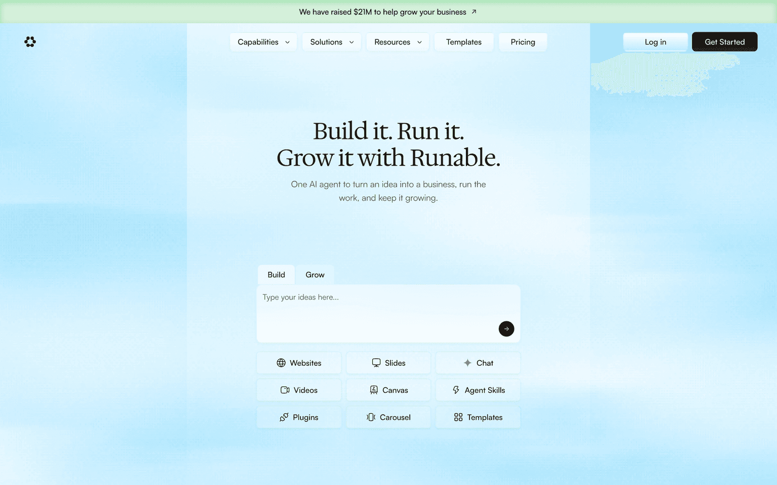 Runable homepage showing its general agent building websites decks and reports