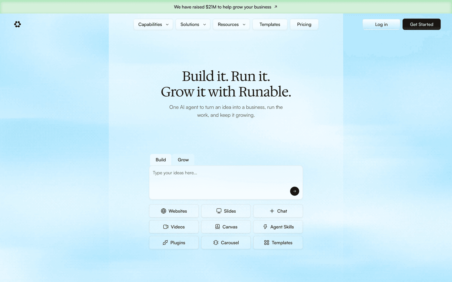Runable homepage showing its general agent building websites decks and reports
