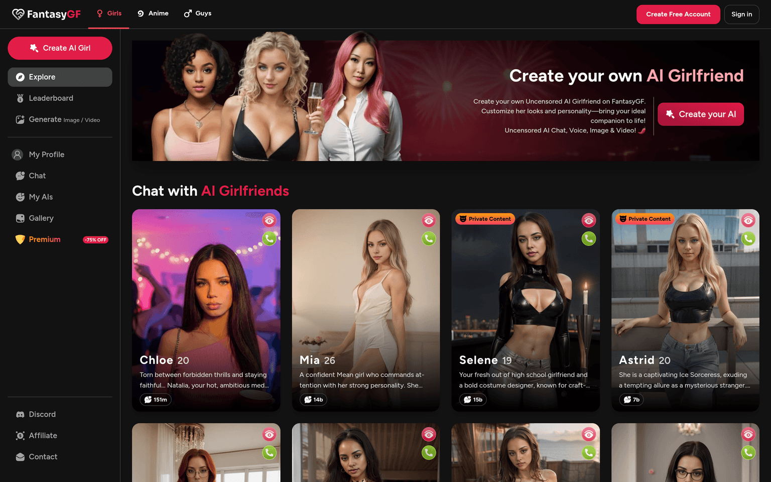 FantasyGF homepage screenshot showing the AI girlfriend app interface