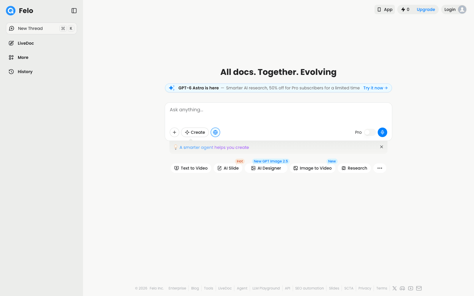 Felo homepage screenshot showing the product interface and branding