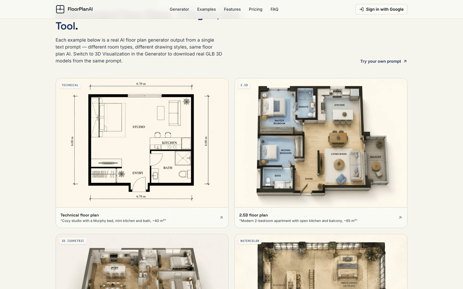 Floor Plan AI examples grid showing one prompt rendered as technical, 2.5D, 3D isometric, and watercolor floor plans