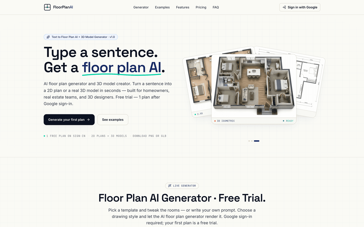 Floor Plan AI landing page showing the Type a sentence headline and a fan of generated floor plan previews