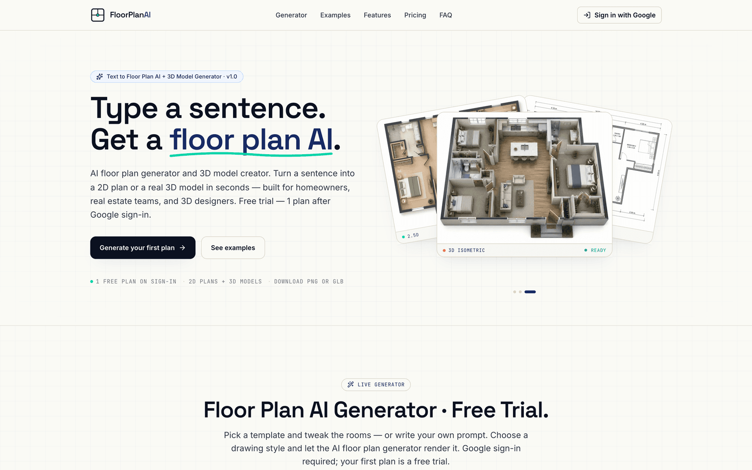 Floor Plan AI landing page showing the Type a sentence headline and a fan of generated floor plan previews