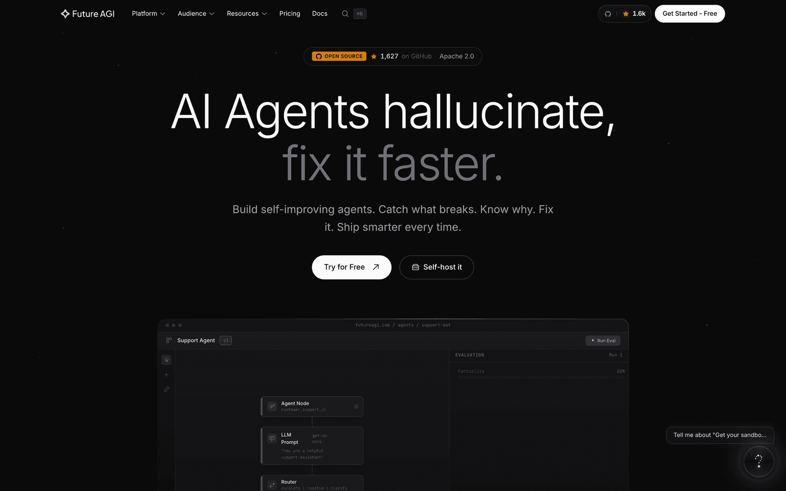 Future AGI landing page showing an agent evaluation run scoring factuality inside the platform IDE
