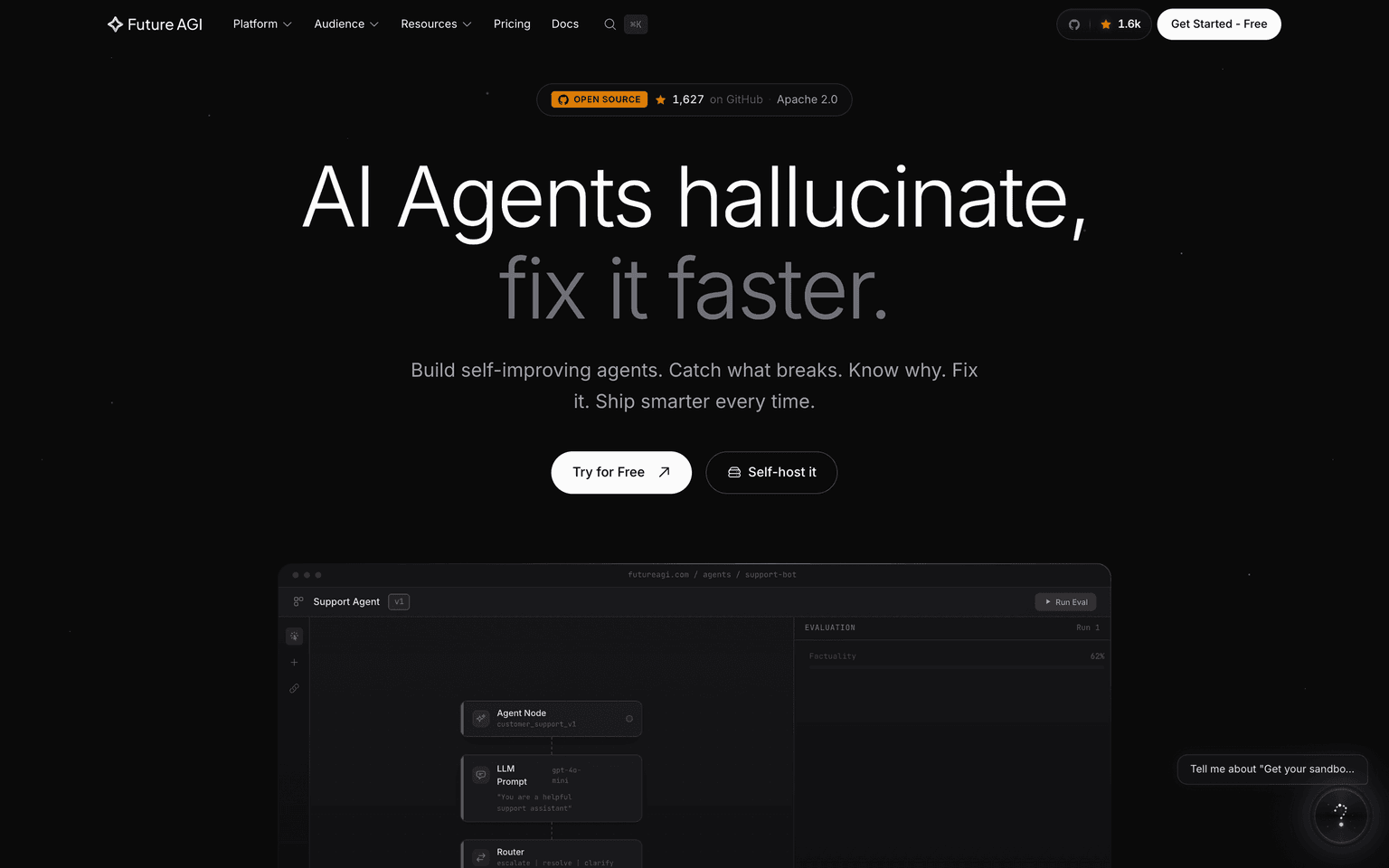Future AGI landing page showing an agent evaluation run scoring factuality inside the platform IDE